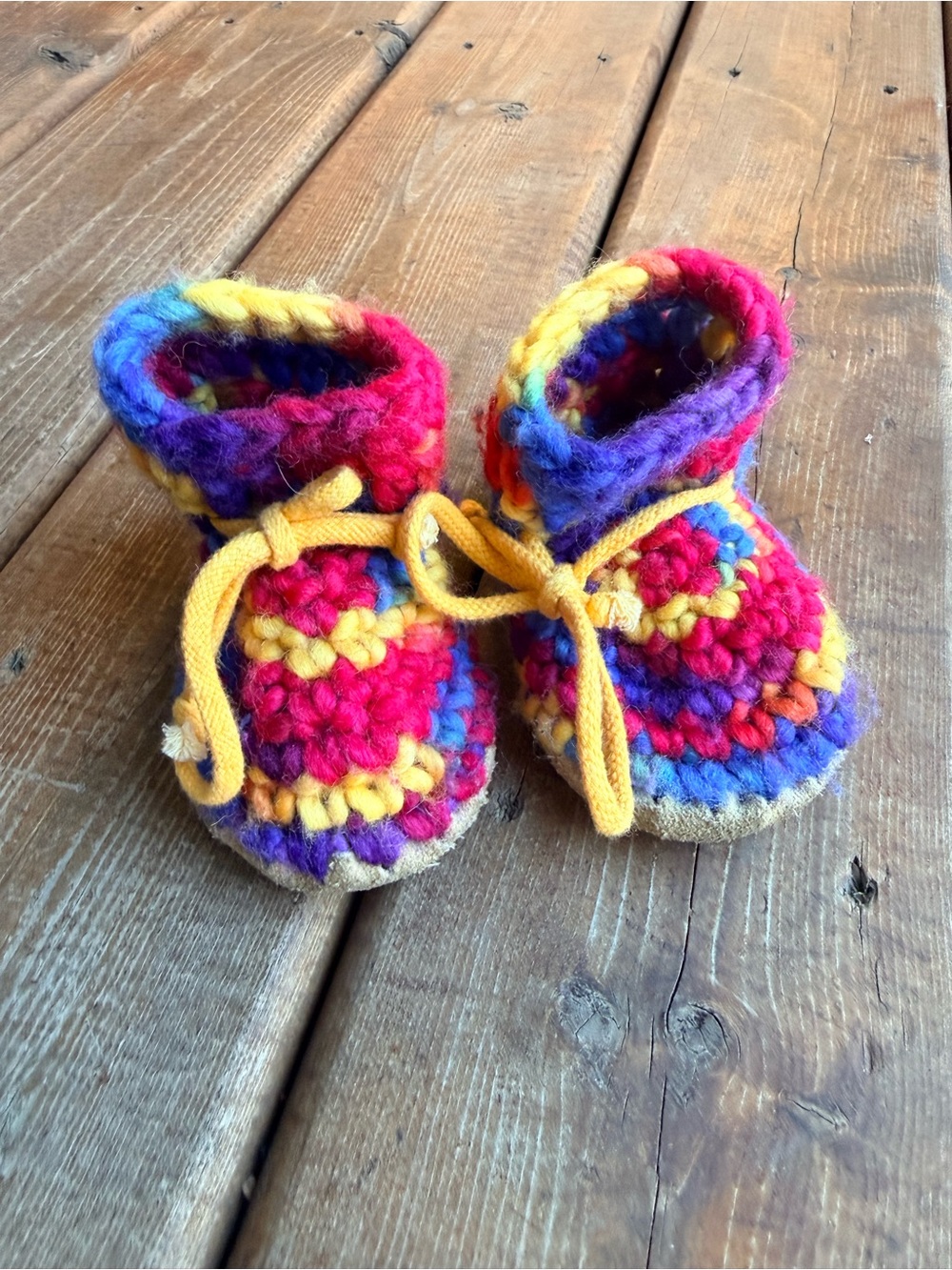 Multicolor Knit Baby Slippers with Yellow Tie